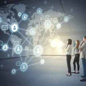 People analyzing global digital network interface.